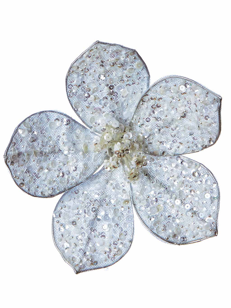 20cm Silver Glitter Flower with Clip - Silver