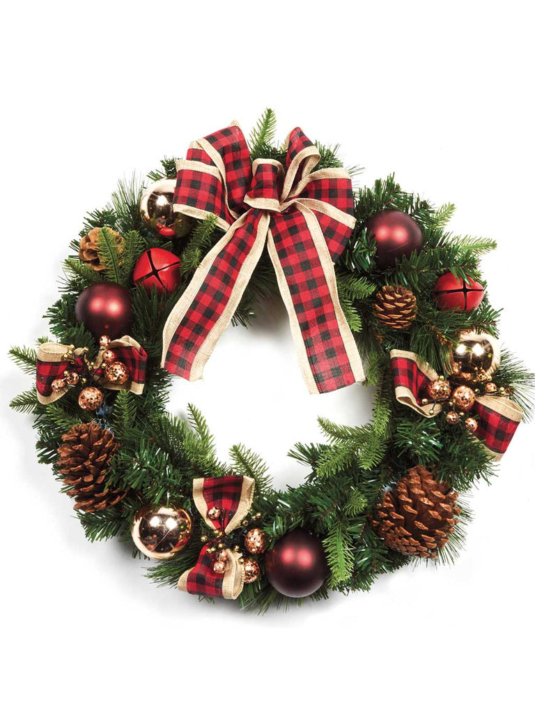 50cm Wreath with Red Bow, Baubles & Cones