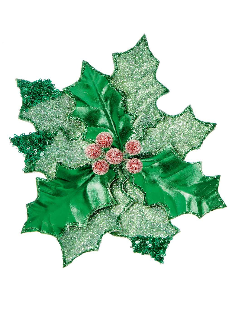 25cm Clip On Green Holly with Berry Flower
