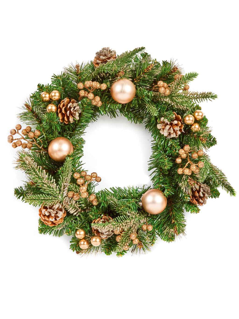 40cm Gold Decorative Wreath PE/PVC - Baubles & Cones