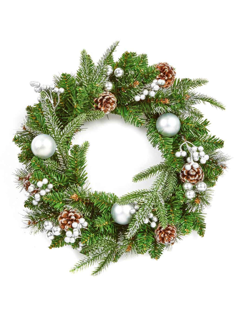 40cm Silver Decorative Wreath PE/PVC Baubles & Cones