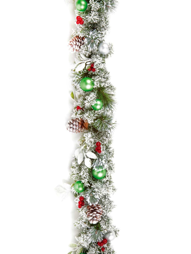 1.8M (6ft) Flocked Pine Garland with Green Baubles