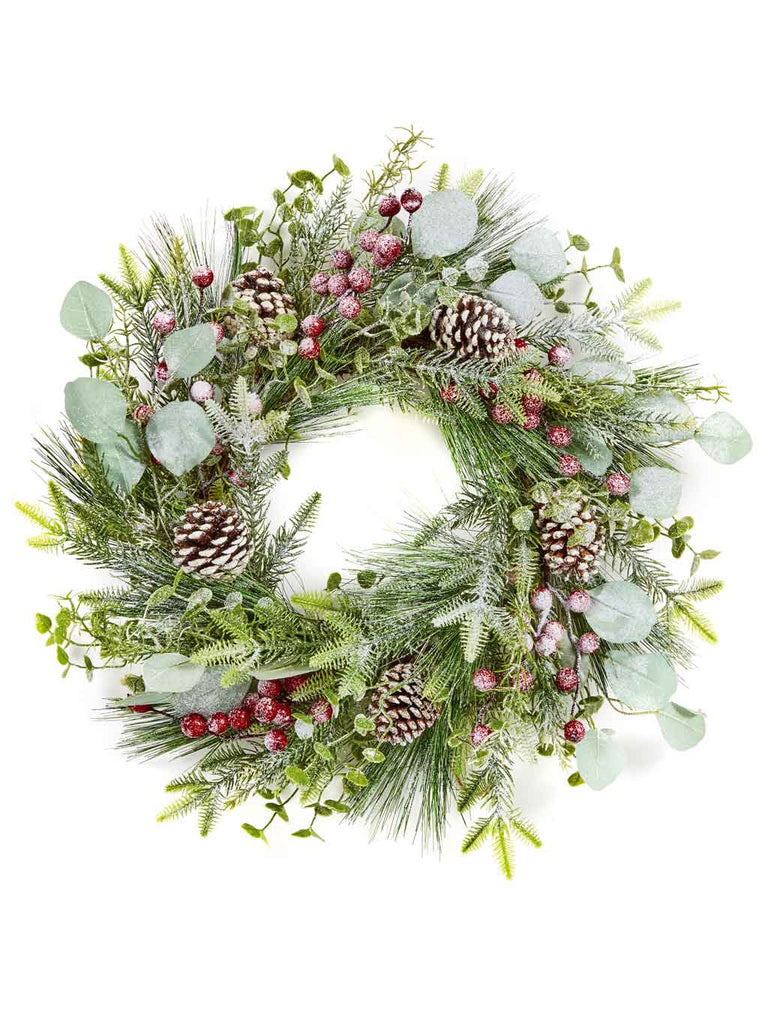 50cm Frosted Eucalyptus Wreath - Red Berry & Mistletoe