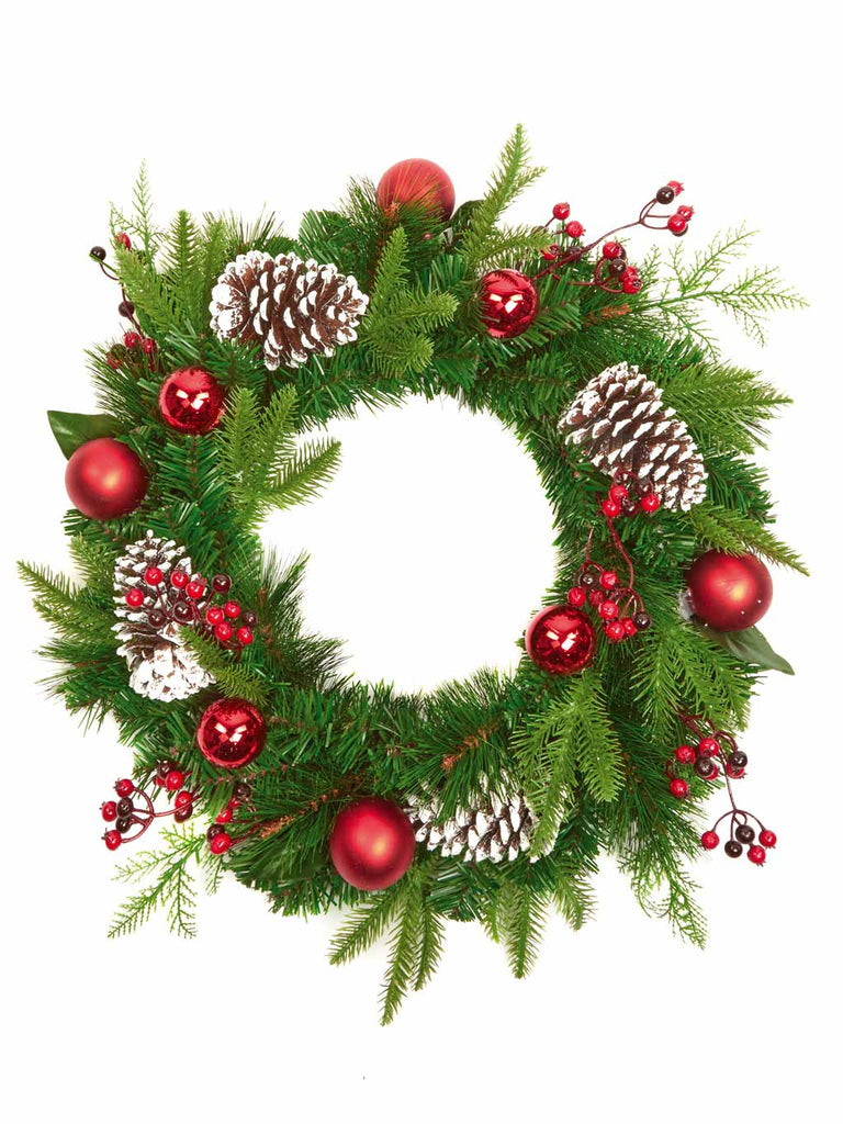 50cm Wreath with Red Baubles & Pine Cones