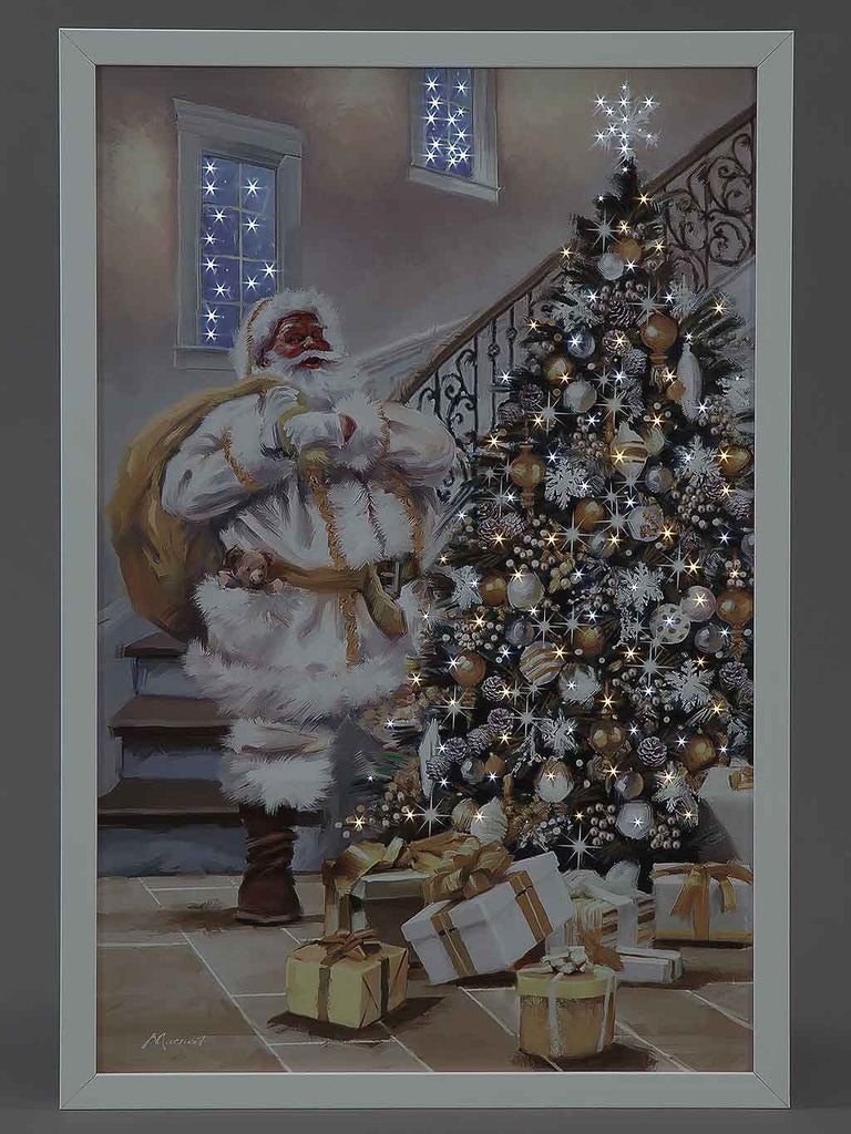 B/O Fibre Optic 40x60cm Gold Santa Delivering Canvas