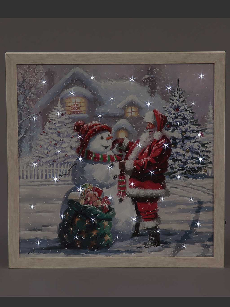 B/O Fibre Optic 40x40cm Framed Canvas - Santa & Snowman