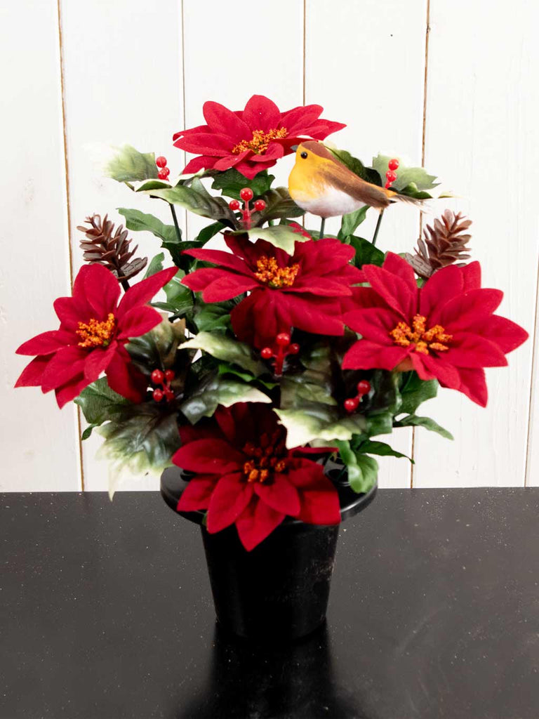 Robin/Poinsettia Grave Pot with Flat Back