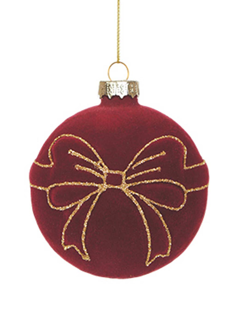 8cm Burgundy Flocked Bow Detail Glass Bauble