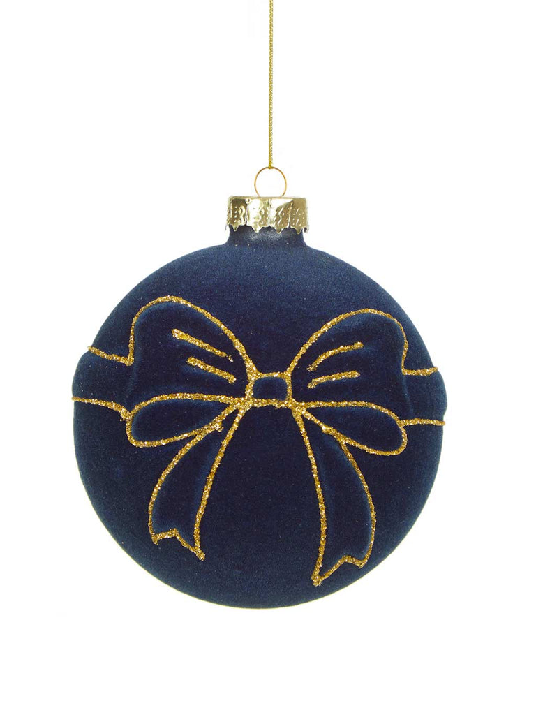 8cm Dark Blue Flocked Bow Detail Glass Bauble