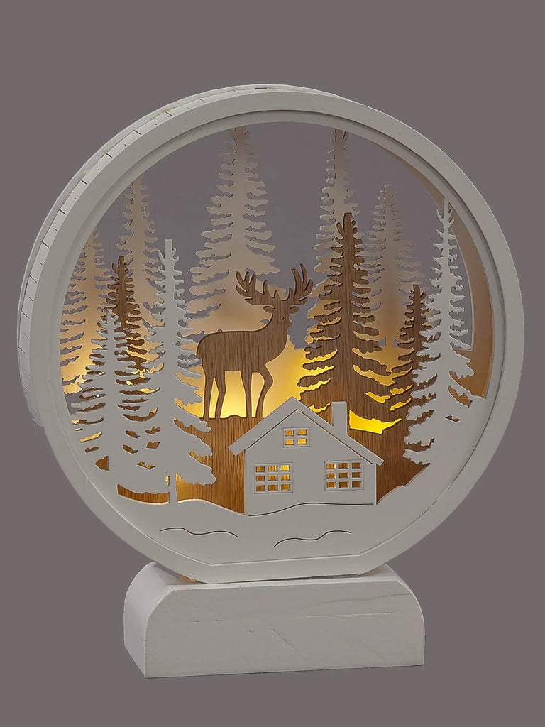 B/O 21cm Wooden Round White Village Landscape with WW LEDS