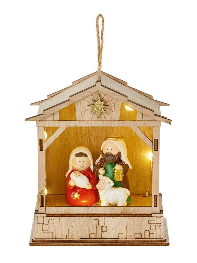 14cm B/O Lit Wood Stable with Nativity Scene