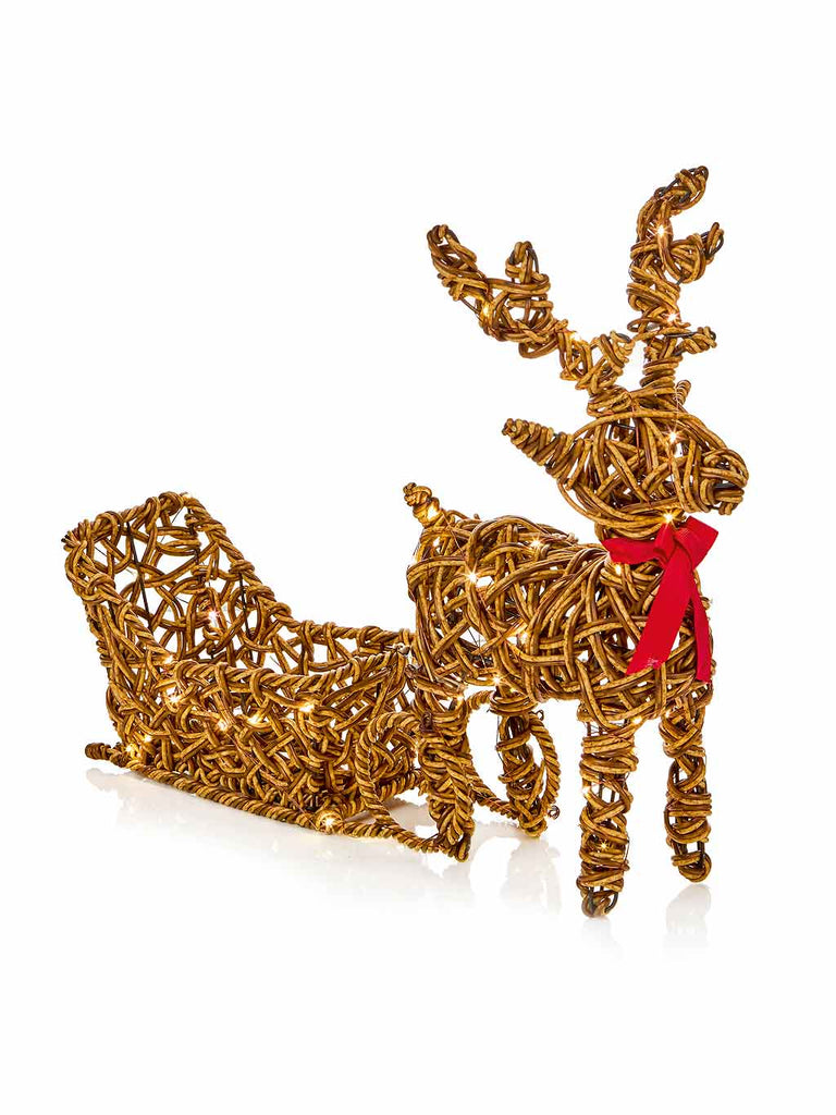 50cm B/O M/A Rattan Reindeer & Sleigh with 60 Warm White LEDs