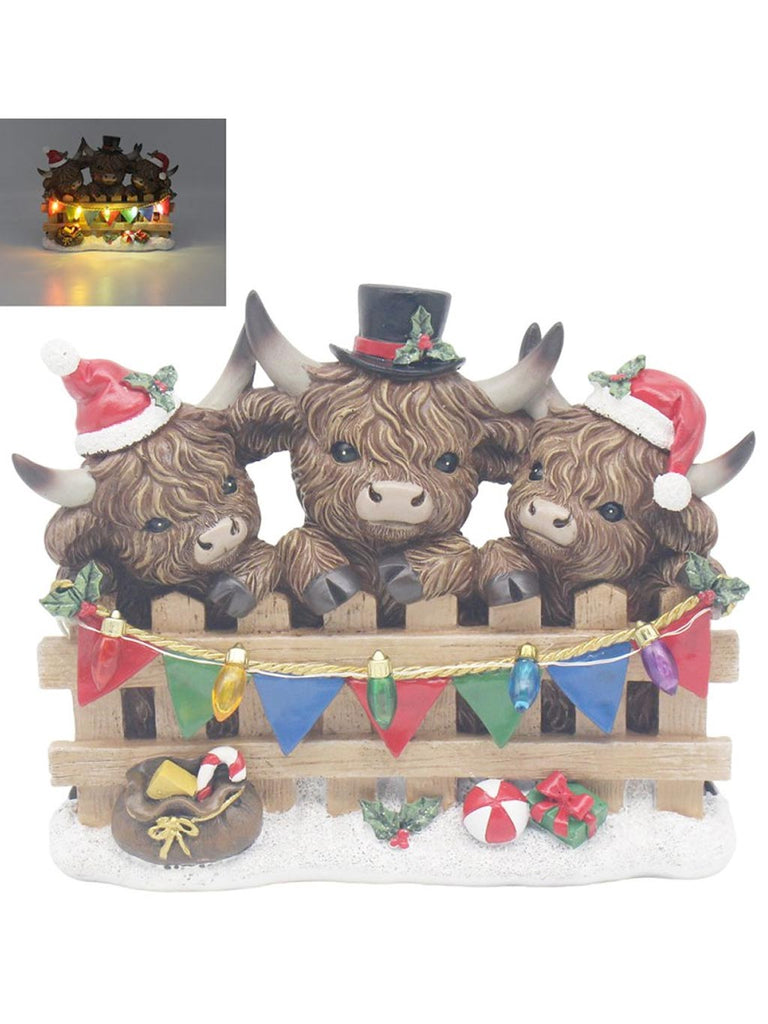 Highland Cow by Gate with LED String Light