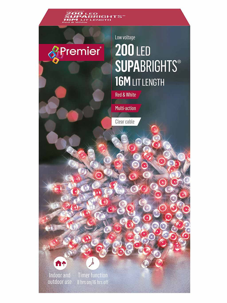 200 LED Multi-Action Christmas Supabrights - Red & White with Clear Cable