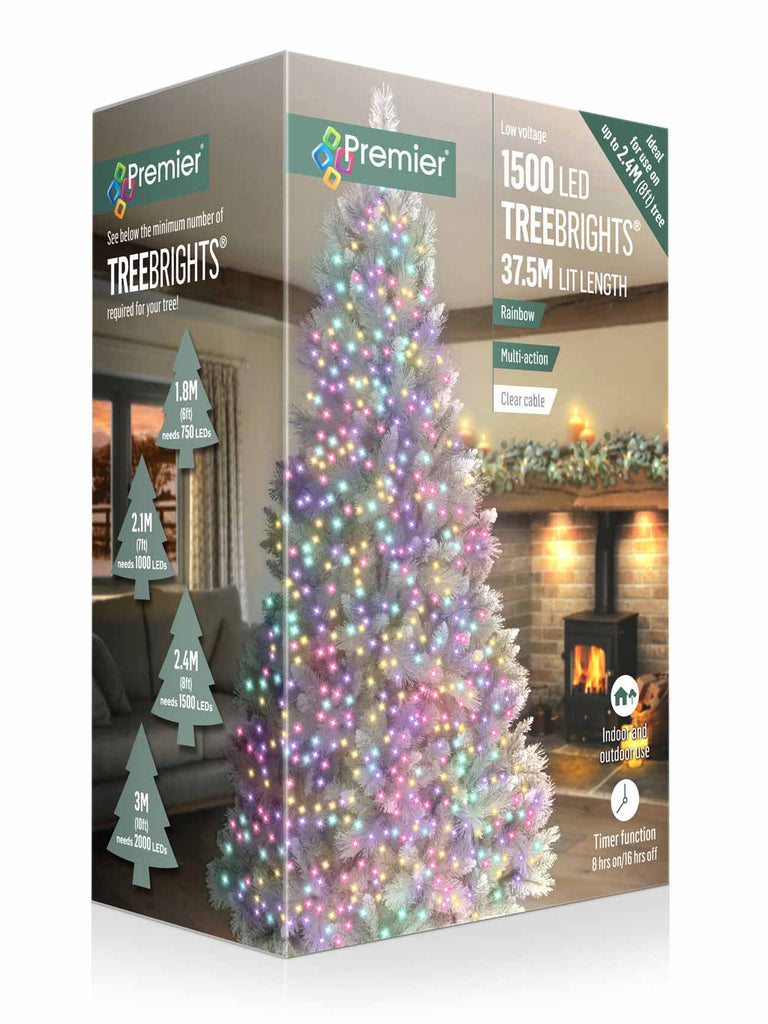 1500 LED Multi-Action Treebrights with Timer & Clear Cable - Rainbow