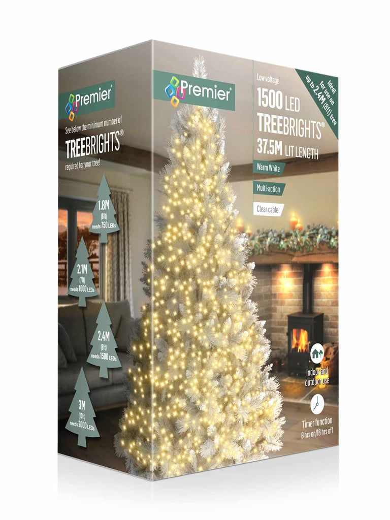 1500 LED Multi-Action Treebrights with Timer & Clear Cable - Warm White