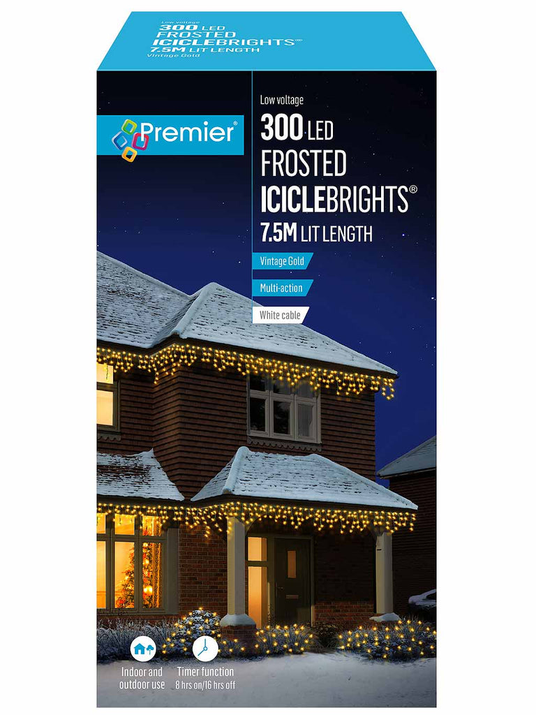 300L LED Multi-Action Frosted Cap Icicles - Vintage Gold LED