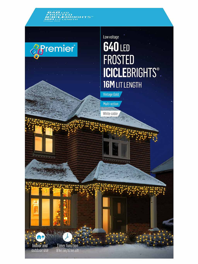 640L LED Multi-Action Frosted Cap Icicles - Vintage Gold LED