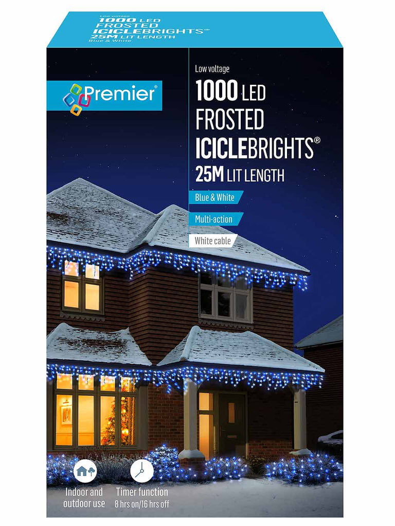 1000L LED Multi-Action Frosted Cap Icicles - Blue & White