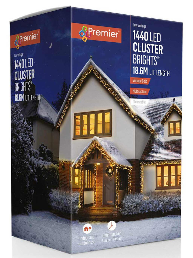 1440 LED Multi-Action Cluster Brights with Timer & Clear Cable vintage gold
