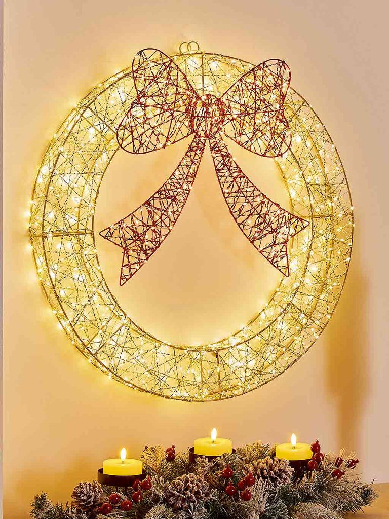 50cm Golden Elegance Twist - Wreath with Red Bow & 600 W W LEDs