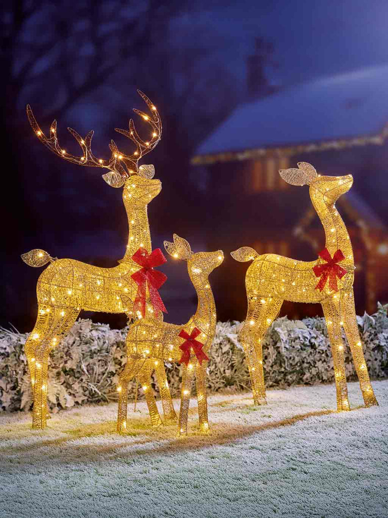 Set of 3 Lit Gold Glitter Fabric Reindeer Family with 210 Warm White LEDs