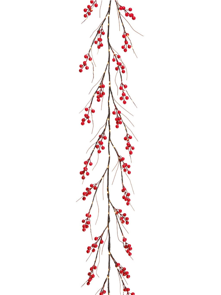 1.8M (6ft) Lit Red Berry Garland with 120 Warm White LEDs