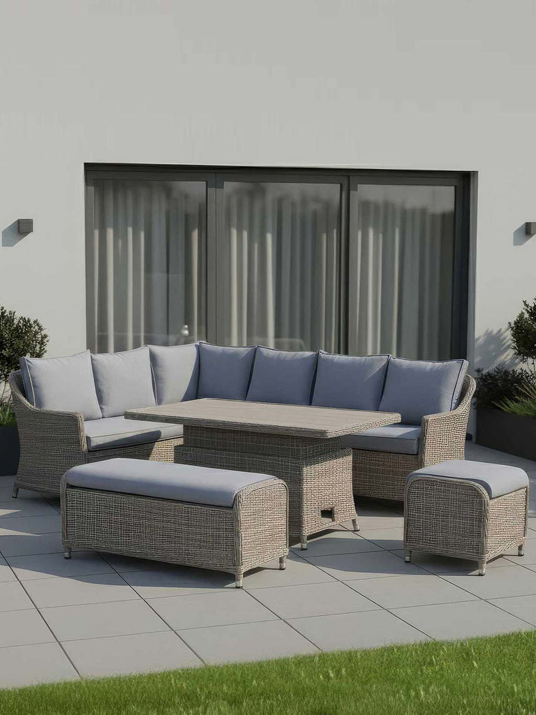 Ivy Rattan Corner Dining Set with Rising Table - White Wash (Left Hand)