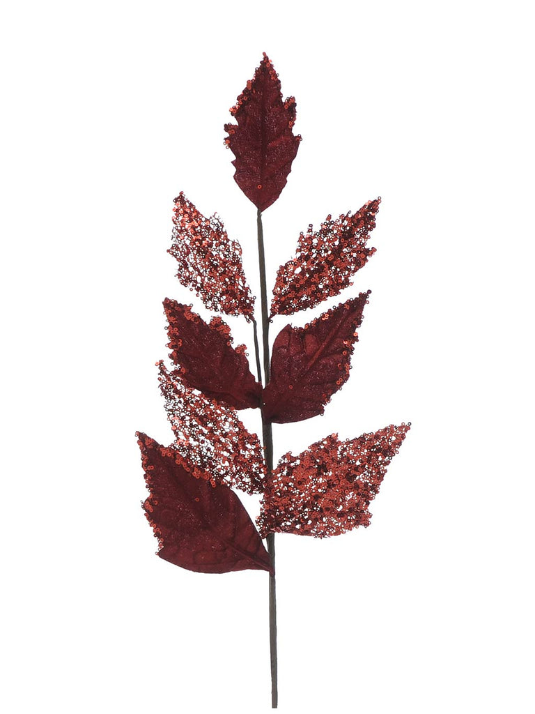 76cm Burgundy Velvet Leaf Glitter Stem