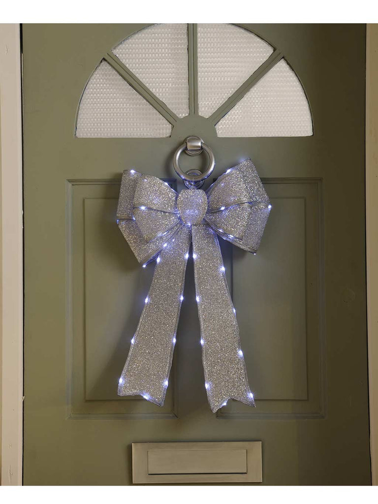 40 x 60cm Battery Operated Lit Bow - Silver