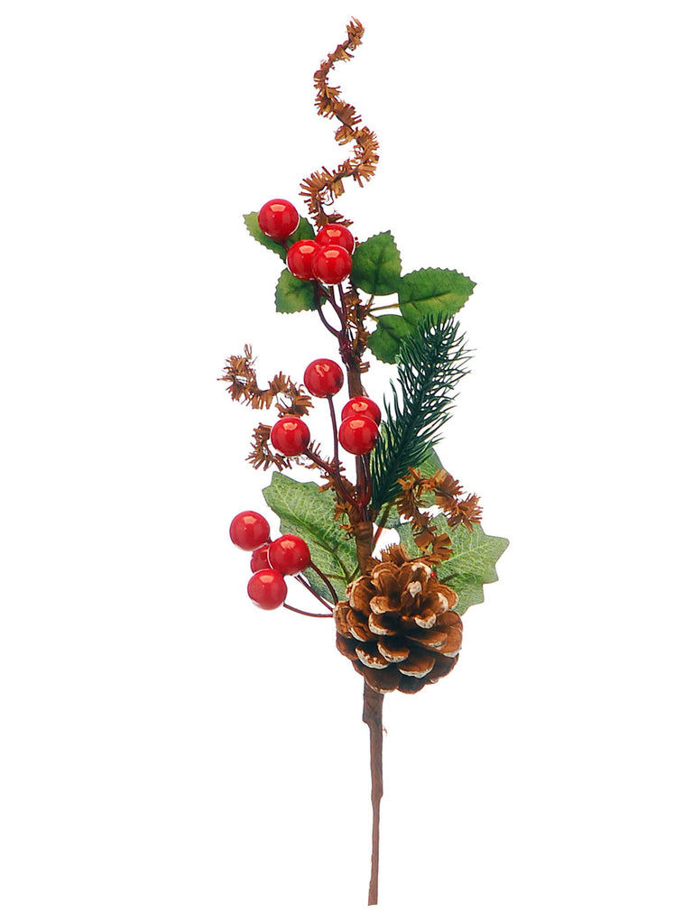 38cm Spruce with Red Berries and Gold Strands Pick