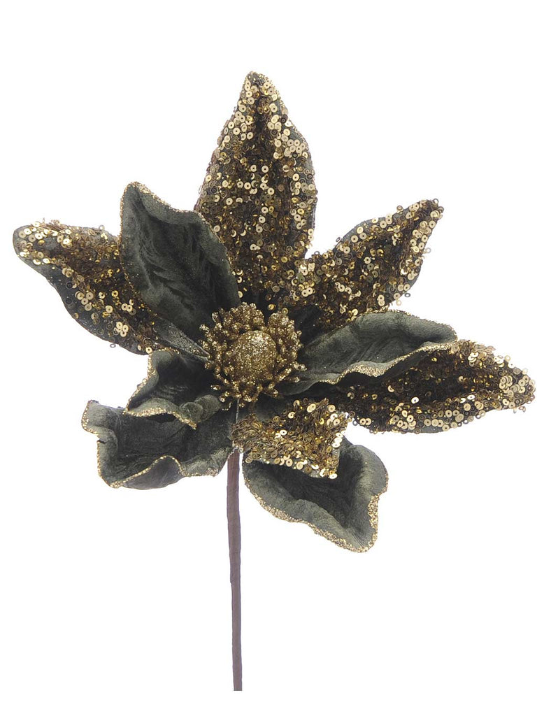 34cm Dark Green with Gold Sequins Magnolia Stem