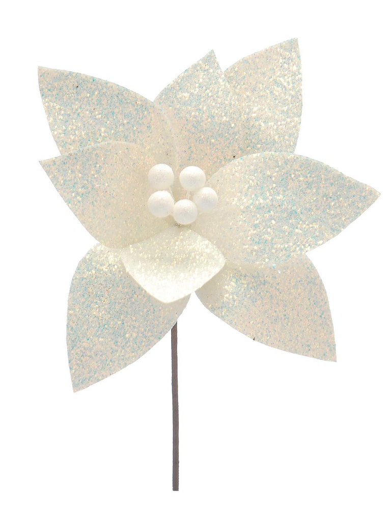 29cm White Glitter Poinsettia Stem