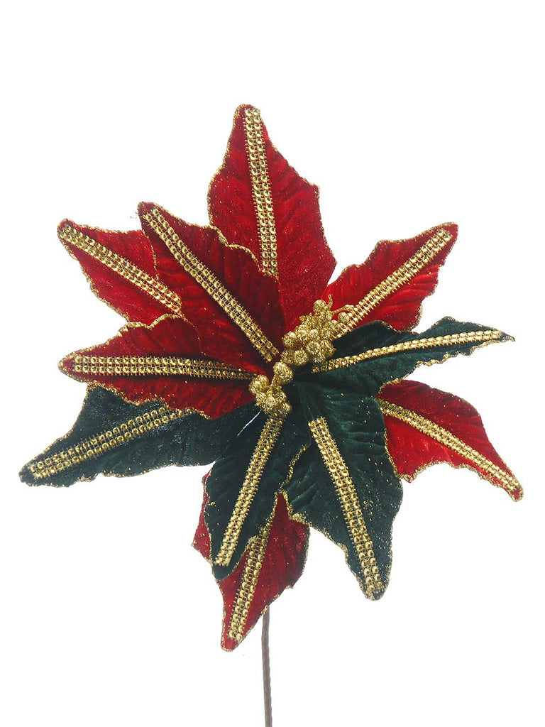 67cm Red / Green Poinsettia with Gold Sequin Stem