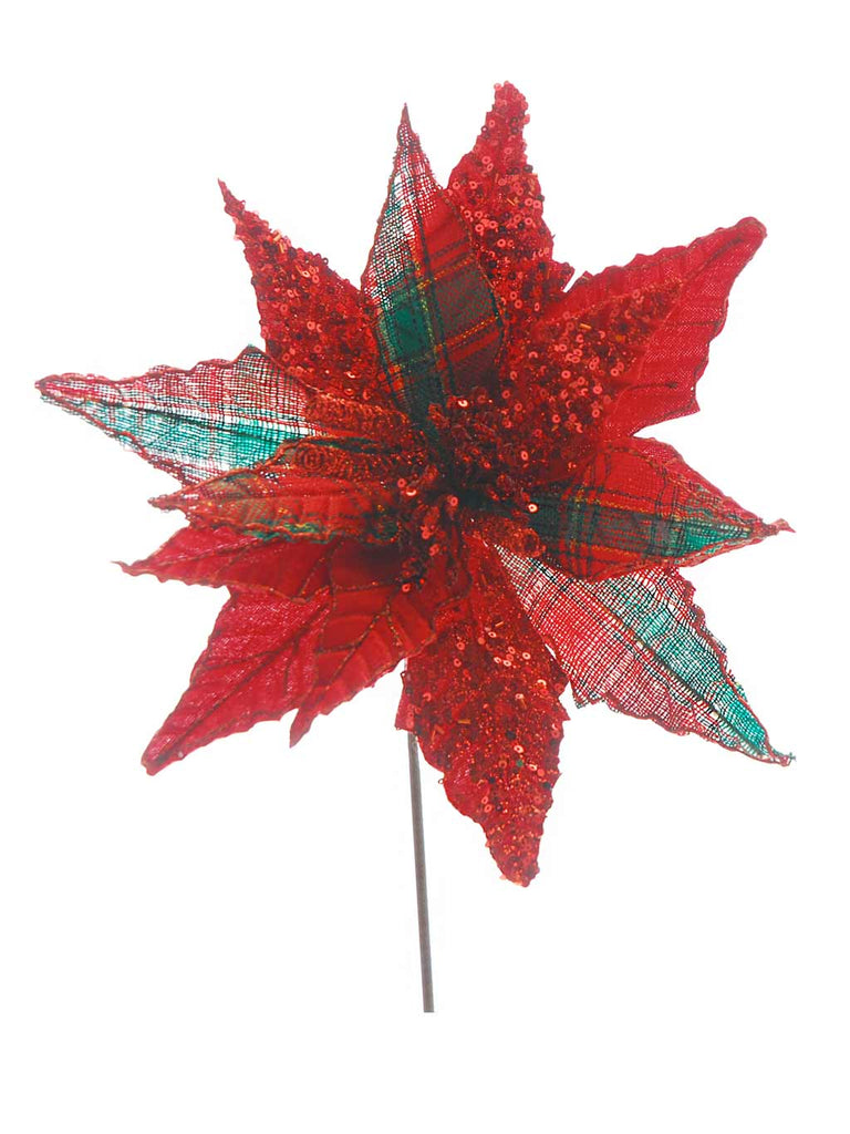 54cm Red and Tartan with Glitter Poinsettia Stem