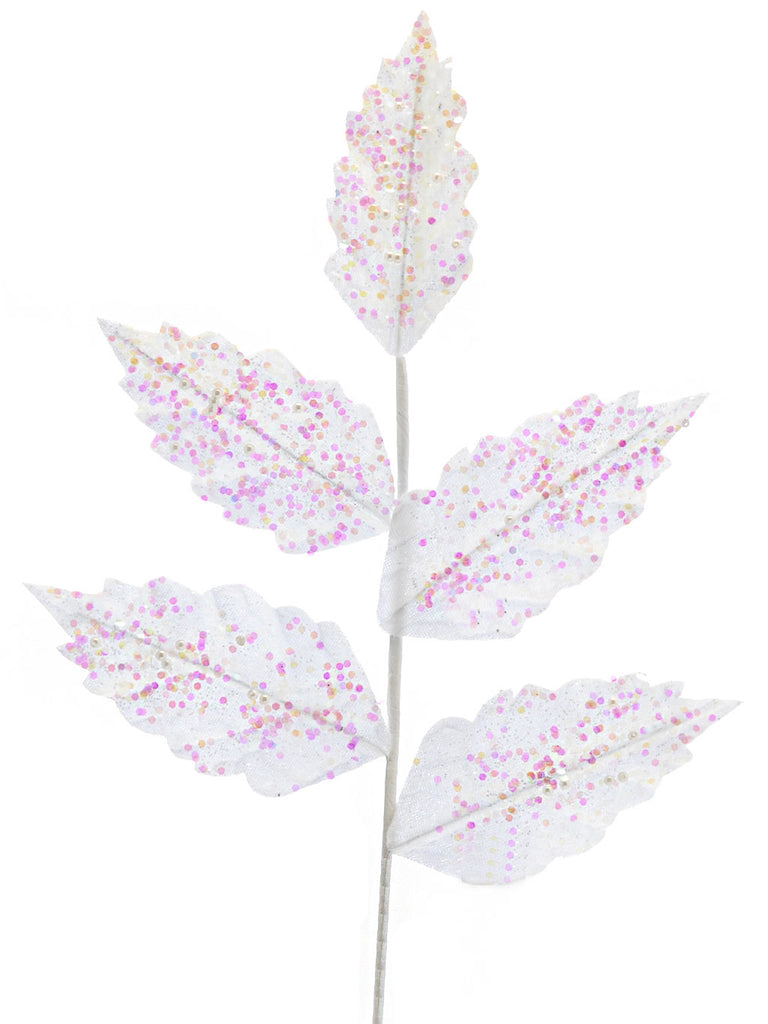 63cm White Glitter Sequin Leaf Stem