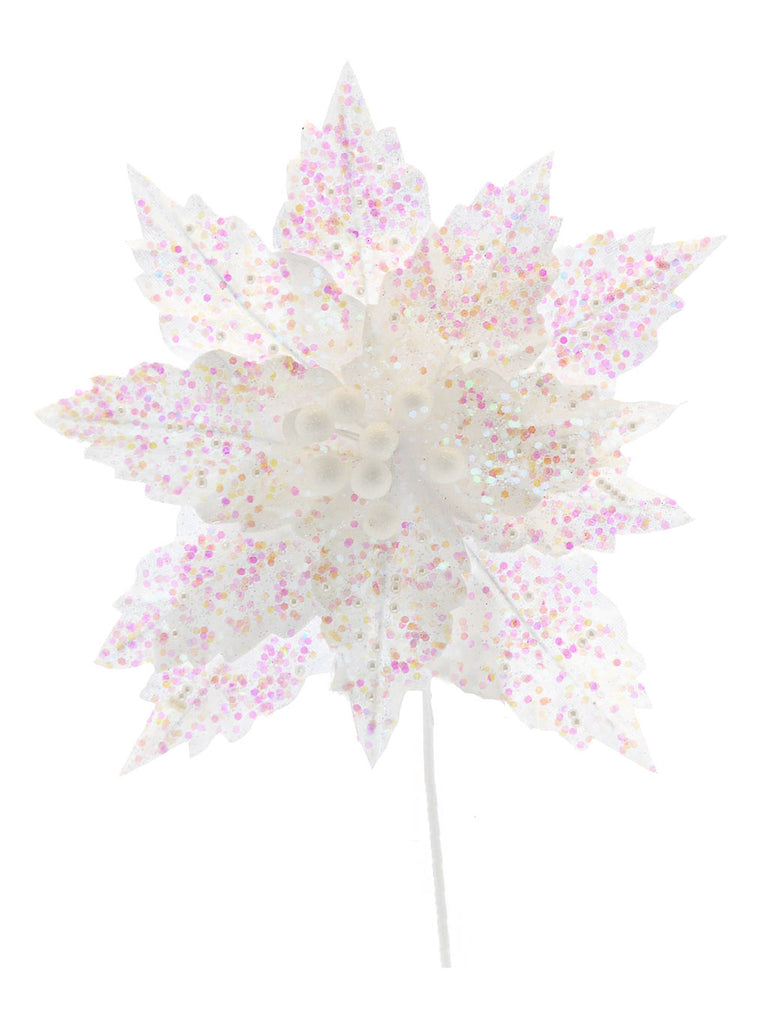 47cm White Glitter Sequin Poinsettia Stem