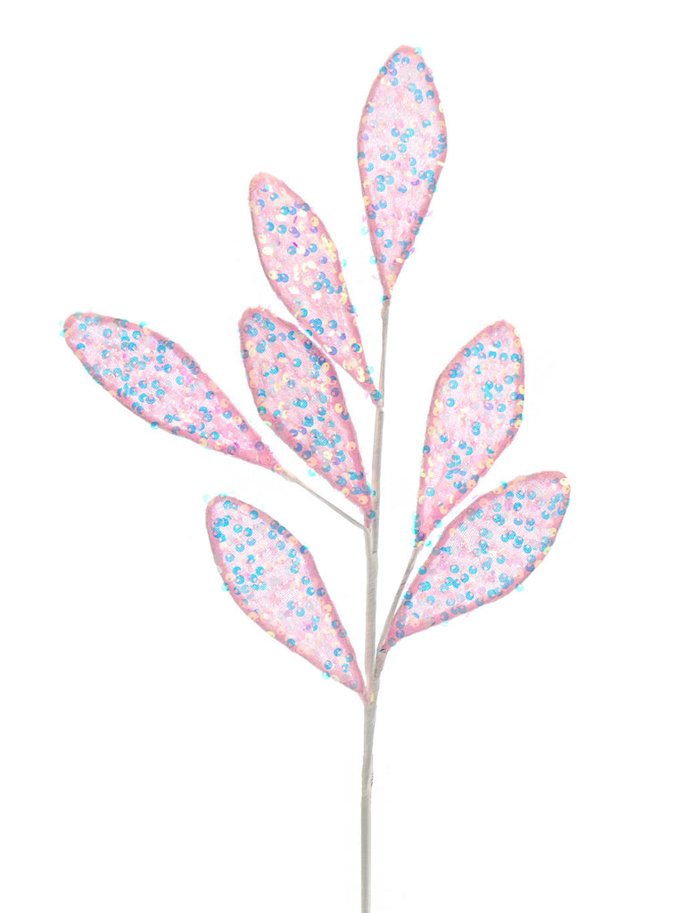 69cm Light Pink and Iris Glitter Sequin Leaf Stem