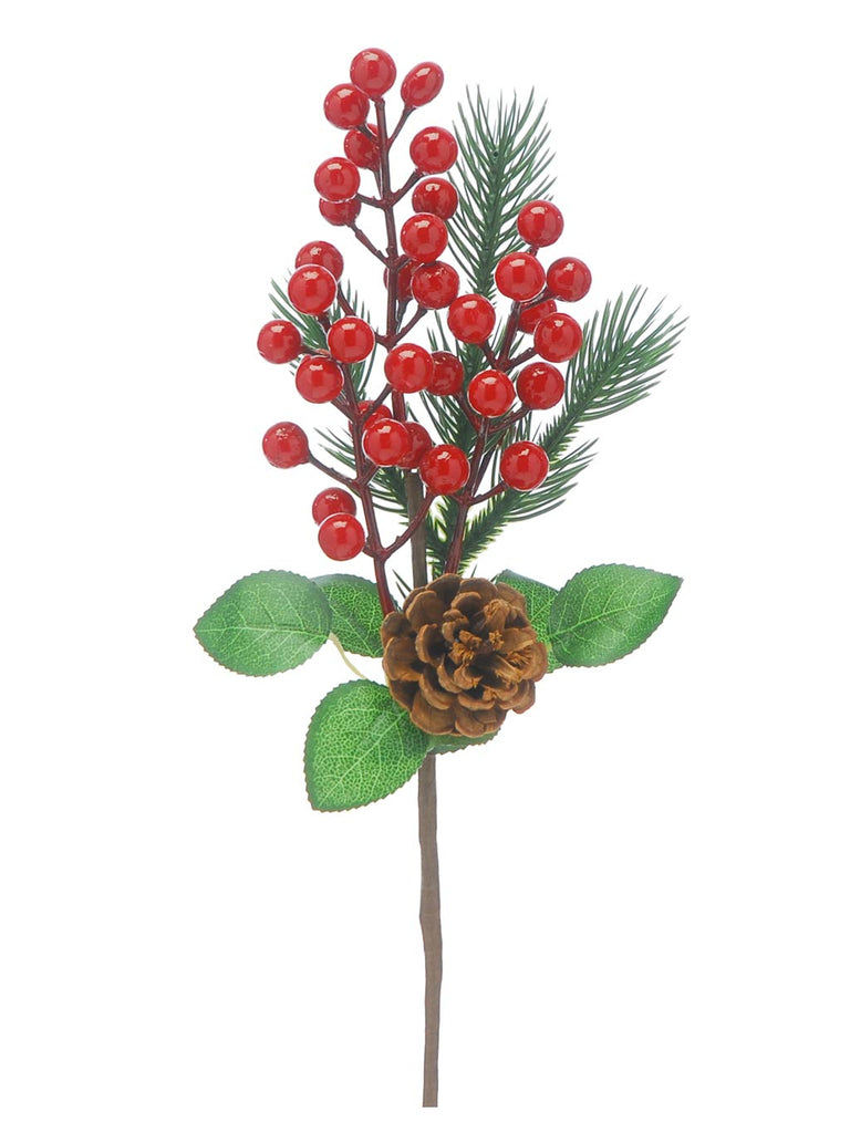 39cm Red Berry and Pinecone with Green Leaf Pick