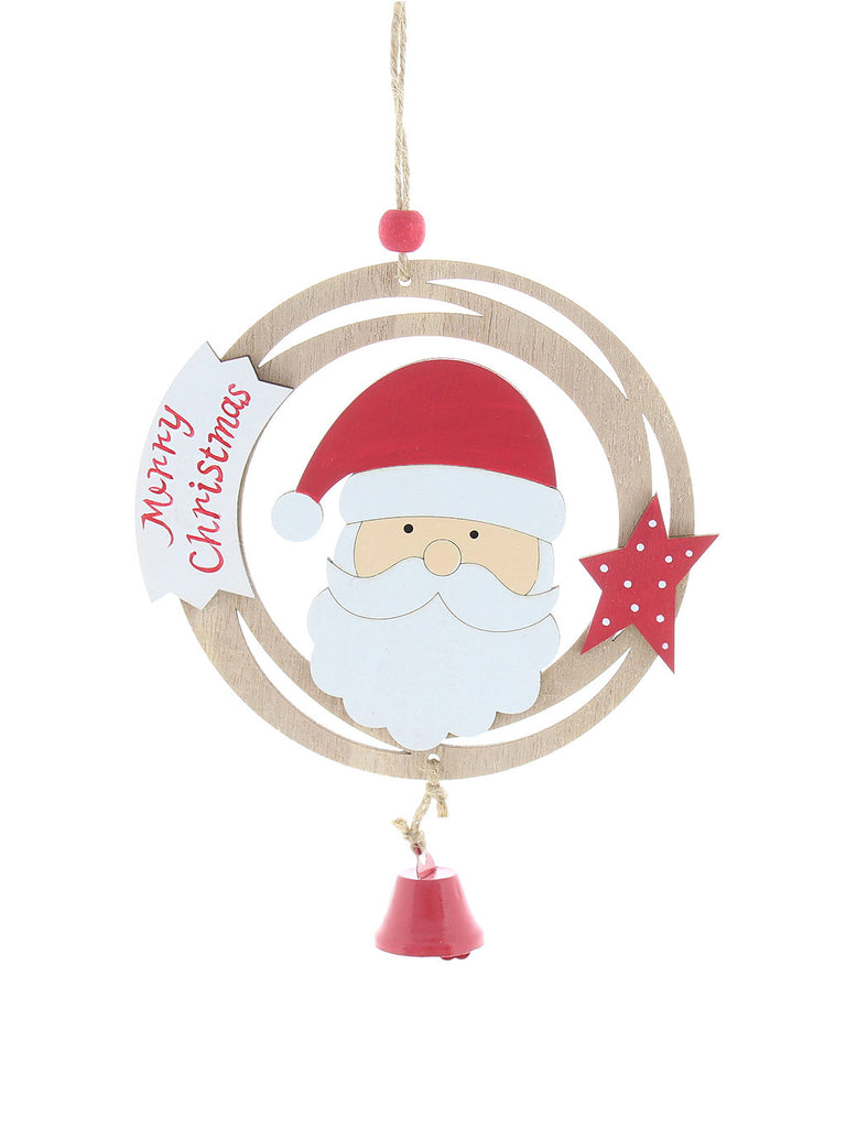 26cm Wooden Hanging Disc with Santa Head and Star