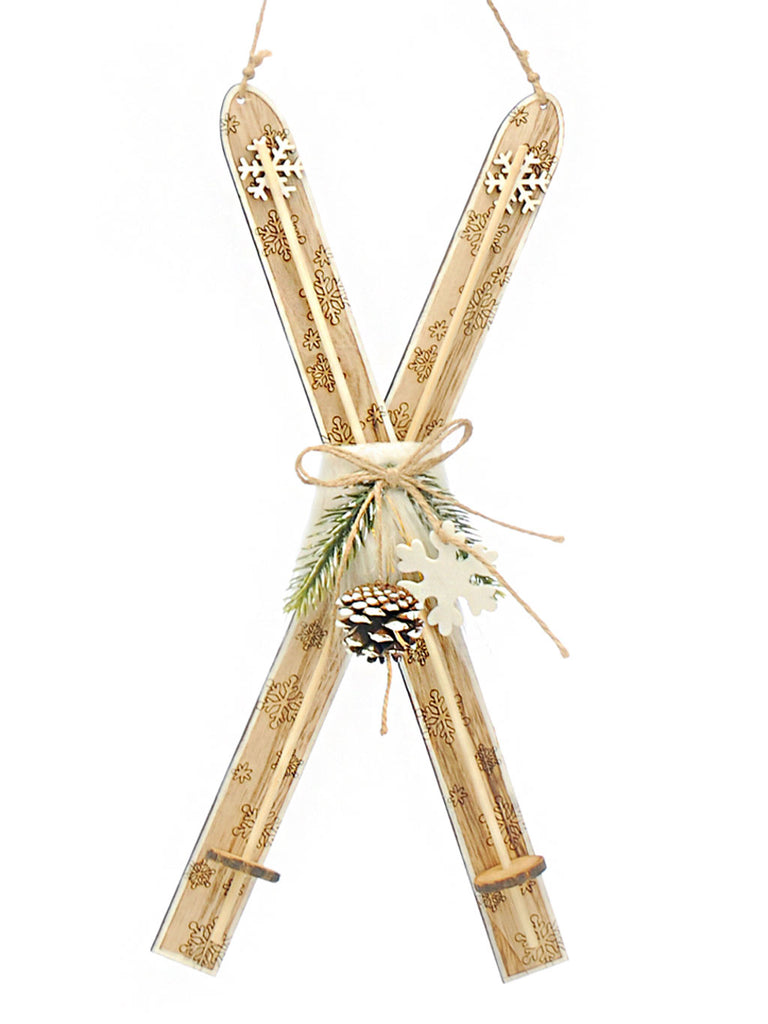 40cm Hanging Wooden Skis with Foliage