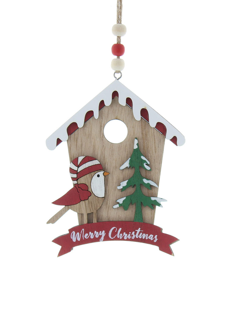 12cm Hanging Wooden Red/White House with Robin