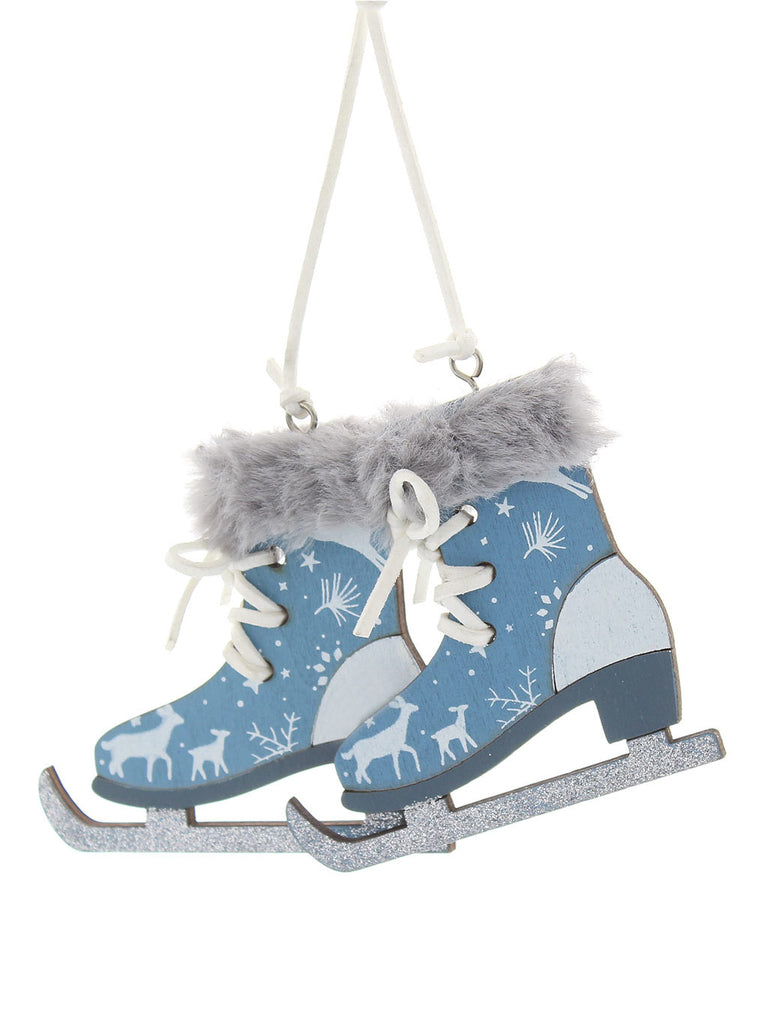 8cm Hanging Wooden Blue/White Skates with Fur Cuff