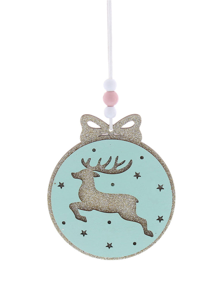 11cm Hanging Wooden Blue/Gold Disc with Reindeer