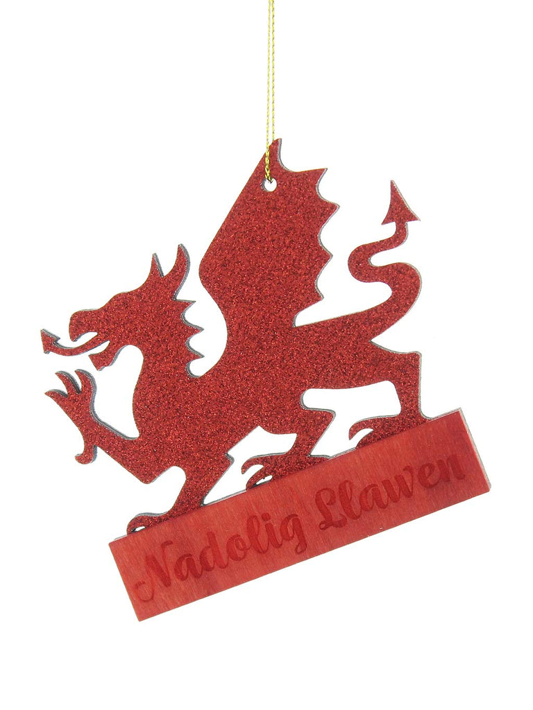 10cm Hanging Red Glitter Wooden Welsh Dragon