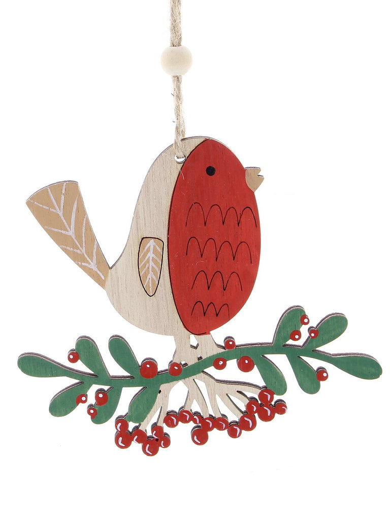 11cm Wooden Robin Sat On Berry Branch