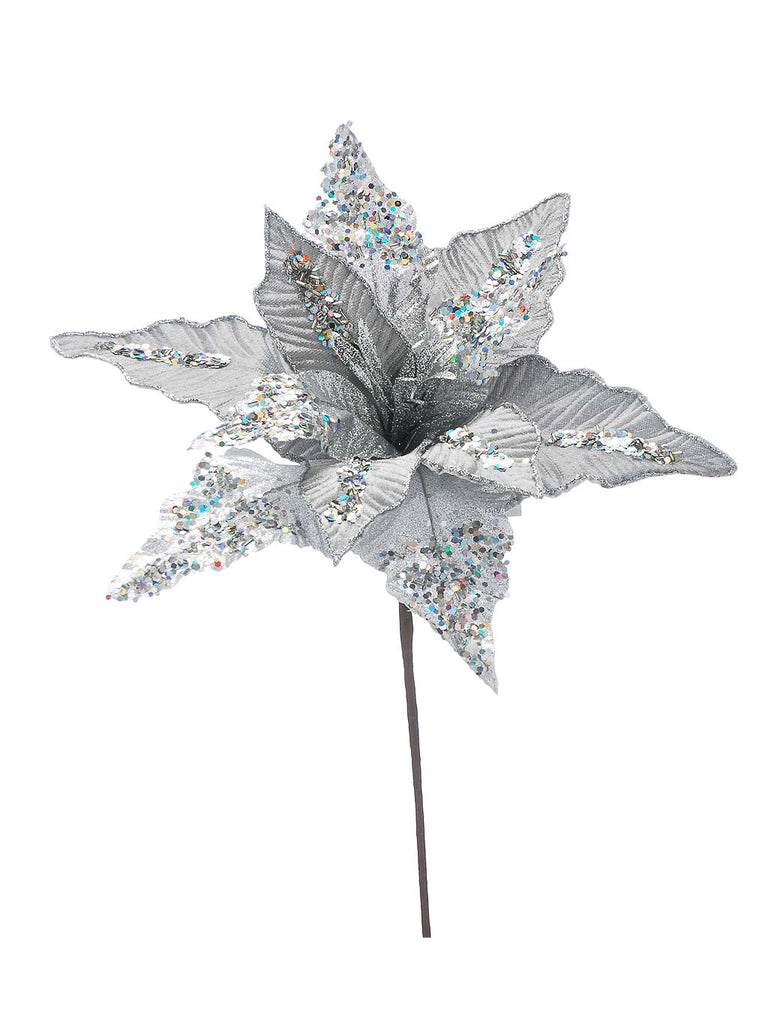 40cm Silver Poinsettia with Sequins Stem