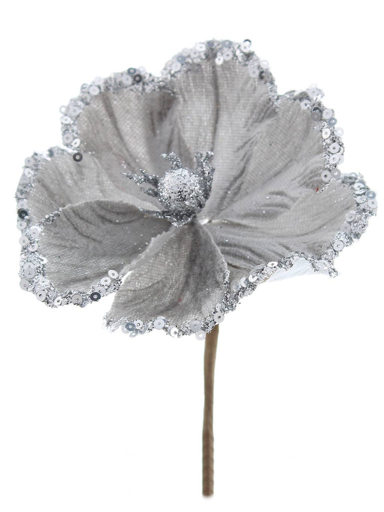 12cm Silver with Glitter Flower Pick