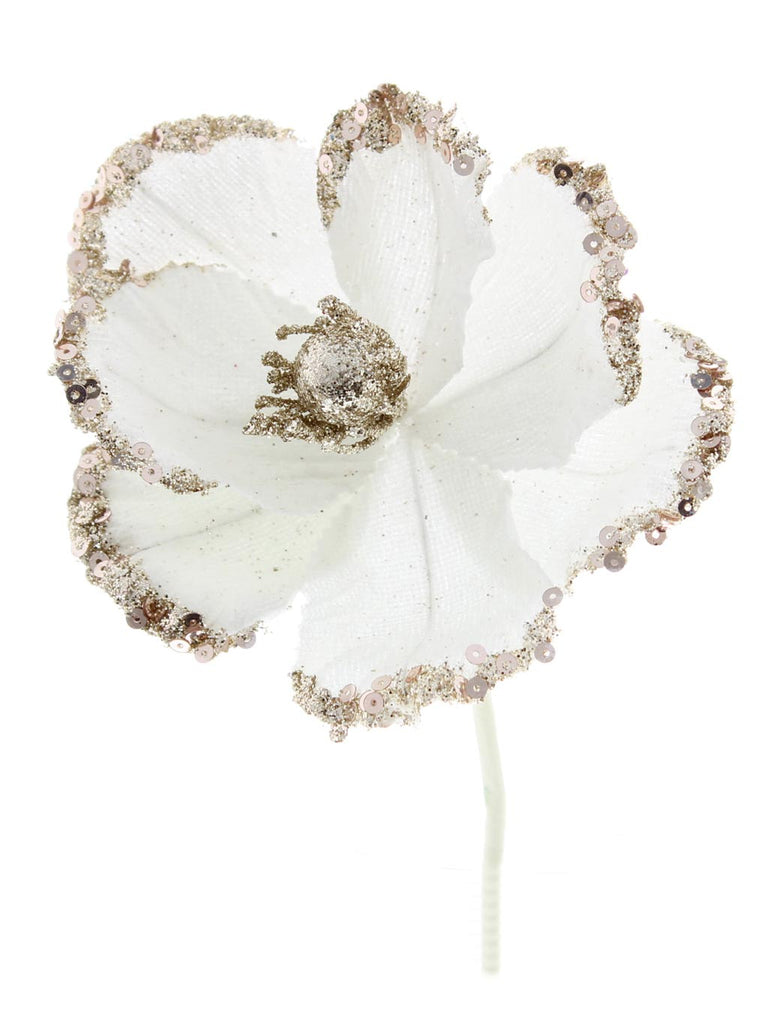 12cm White with Glitter Flower Pick