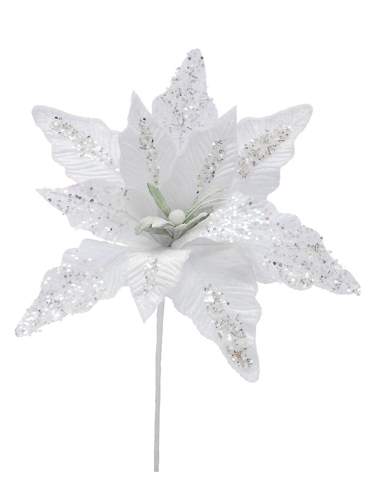 40cm White Glitter with Sequin Poinsettia Stem